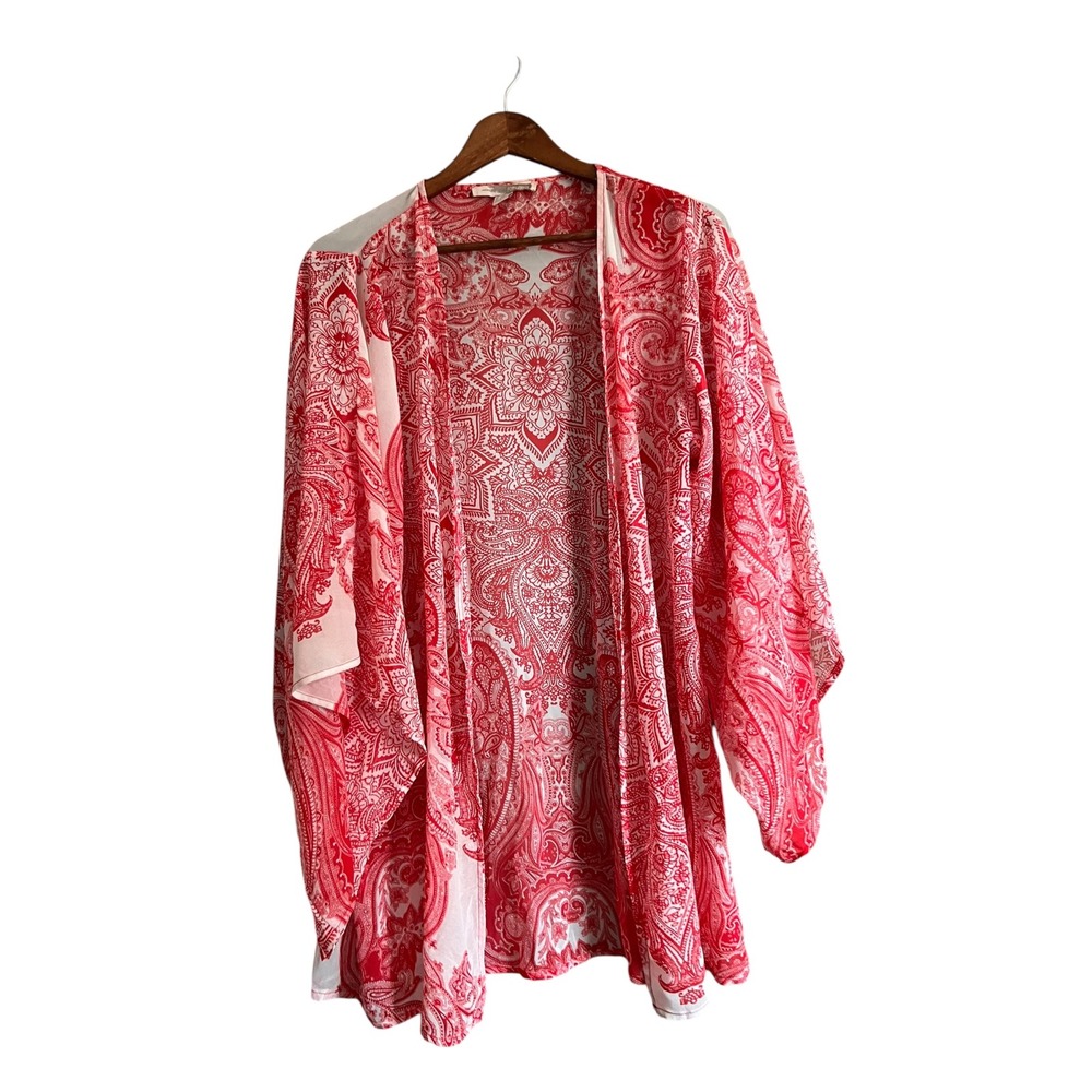 Forever 21 Kimono Women S/M Red Paisley Print Open Front Boho Cardigan Excellent